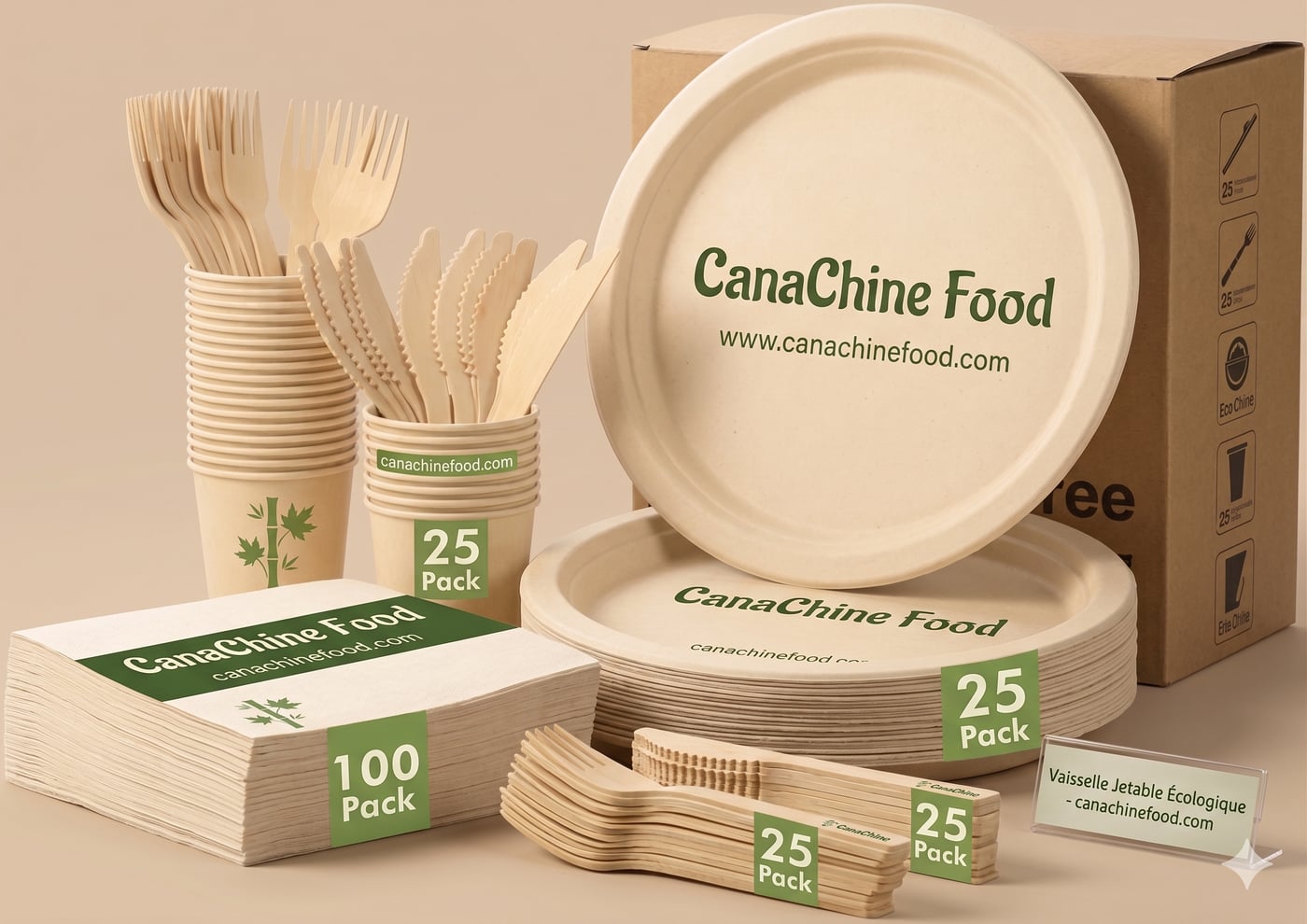 Vaisselle jetable CanaChine Food : assiettes, gobelets et ustensiles écologiques